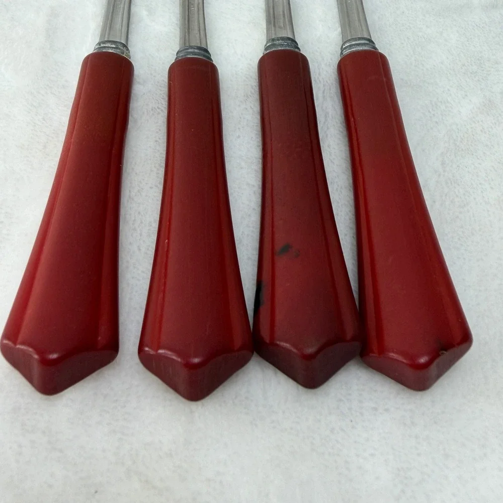 VTG Red Bakelite Handle‎ Dinner Forks Set of 4 Mid Century Retro MCM
